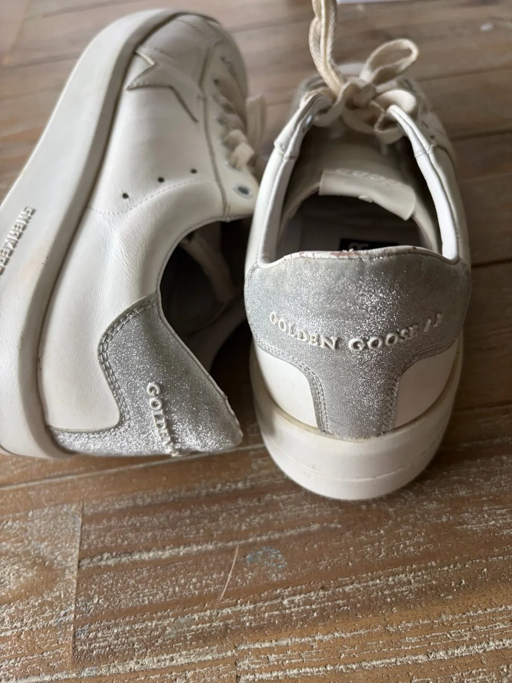 Golden Goose White Leather Platform Sneakers with Silver Heel